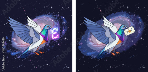 Colorful pigeon carrying a Space letter against cosmic galaxy background, vector, set  