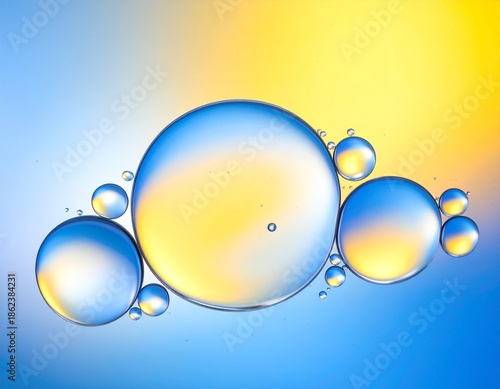 Bubbles, macro, abstract, photography, featuring clear round spheres delicately floating on a smooth gradient background of blue and yellow, creating a vibrant, luminous, visually striking, minimalist