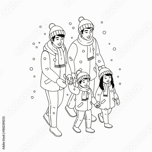 Happy family of four walking together in winter snow, wearing warm clothes. Outline illustration for coloring book. Parents and children enjoying a snowy day.