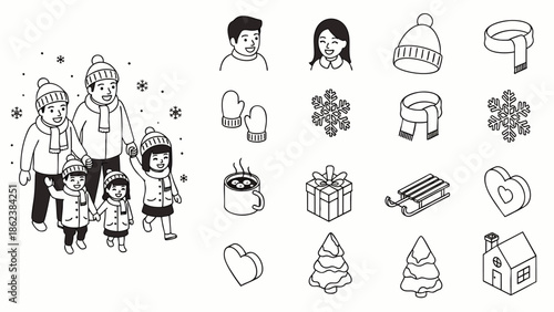 Isometric winter illustration: happy family walking in snow, warmly dressed. Plus winter holiday icons: hats, scarves, gifts, sleds, hot drinks.