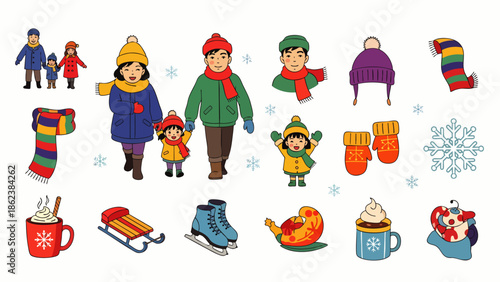 Winter elements vector set: families, kids, warm clothes, hats, scarves, gloves, sled, skates, snowflakes, hot drinks. Cozy holiday cold weather fun.