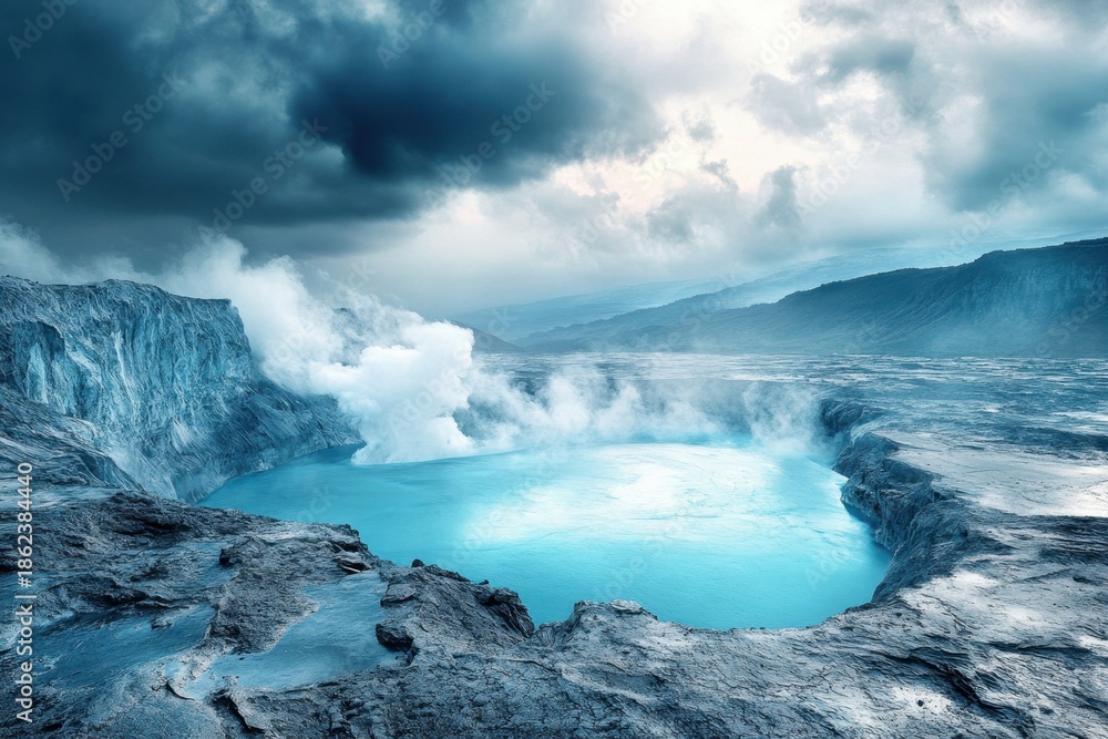 Naklejka premium Majestic volcanic landscape with turquoise lake and steam in cloudy weather