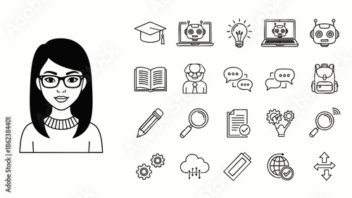 Female professional avatar with a comprehensive set of line icons representing education, e-learning, AI, technology, knowledge, and innovation concepts.
