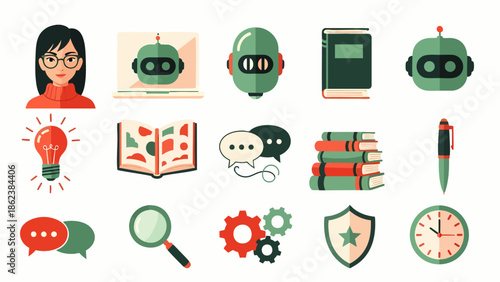 Collection of flat vector icons illustrating concepts of modern education, AI, knowledge, research, communication, and problem-solving for web and apps.