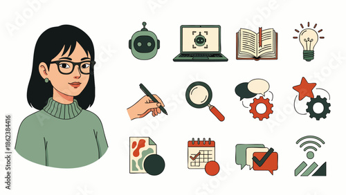 Creative Woman with Icons Representing Business, Technology, and Education - Vector Illustration