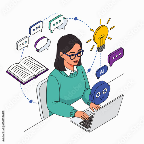 Isometric illustration: Woman working on laptop, surrounded by AI, chat bubbles, lightbulb, and book, symbolizing modern learning, innovation, and digital communication.