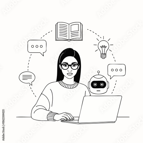 Woman working on laptop, interacting with AI assistant, surrounded by icons of knowledge, communication, and ideas, symbolizing modern digital learning, technology, and collaboration.