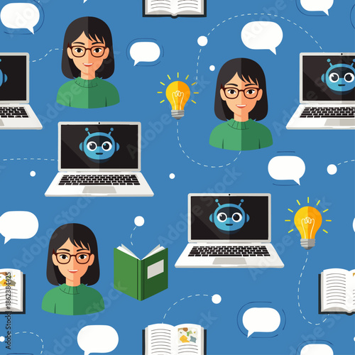 Seamless pattern: online education, AI technology, and digital learning. Featuring women, laptops with chatbots, lightbulbs, and books, symbolizing modern e-learning.