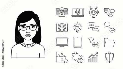 Young Woman with Glasses and Icons Representing Technology, Education, Communication, and Business Concepts