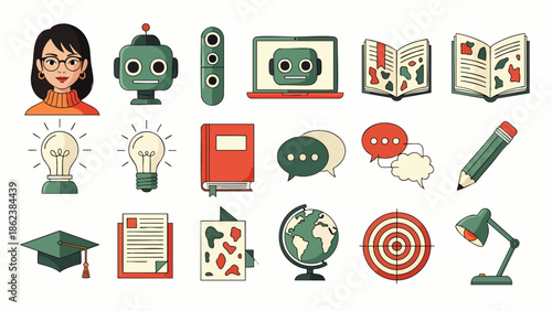 Set of flat design icons for education, technology, and learning, including robots, books, and computers.