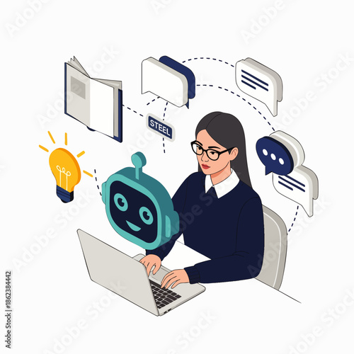 Woman working with AI chatbot and laptop, surrounded by icons of learning, communication, and ideas, representing technology and business collaboration.