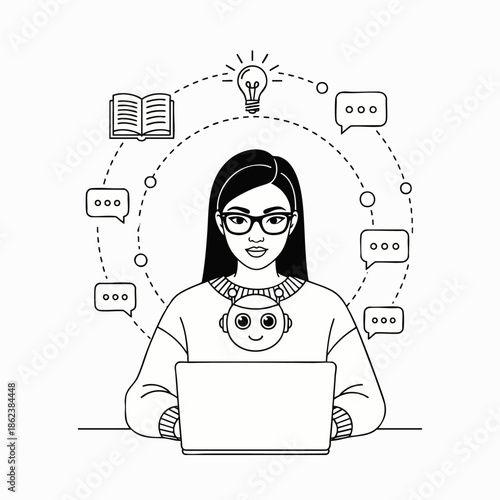 Creative young woman in glasses working on laptop with thought bubbles, book, and lightbulb, representing online learning, innovation, and digital communication.