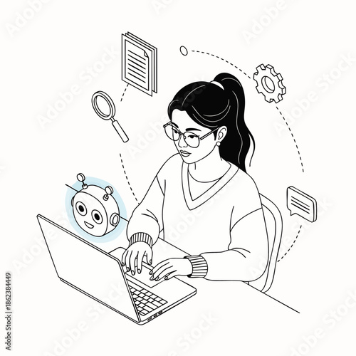 Young woman working on laptop with AI chatbot assistant, symbolizing digital research, data analysis, and technological innovation in a modern isometric concept.