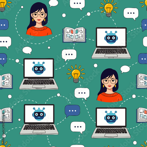 Seamless pattern of AI chatbot interaction with people, laptops, books, and lightbulbs representing ideas and learning