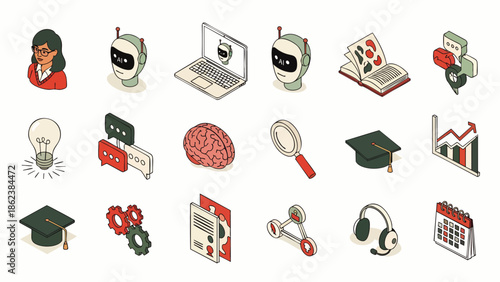 Set of isometric icons representing artificial intelligence, education, technology, and business concepts with a modern, clean design.