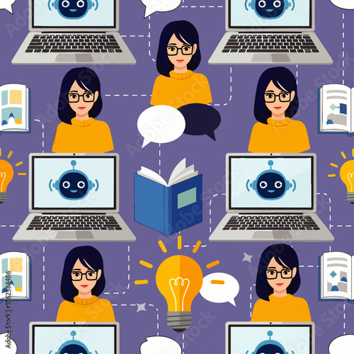 Seamless pattern of people interacting with AI chatbots and laptops, symbolizing online communication and digital learning.