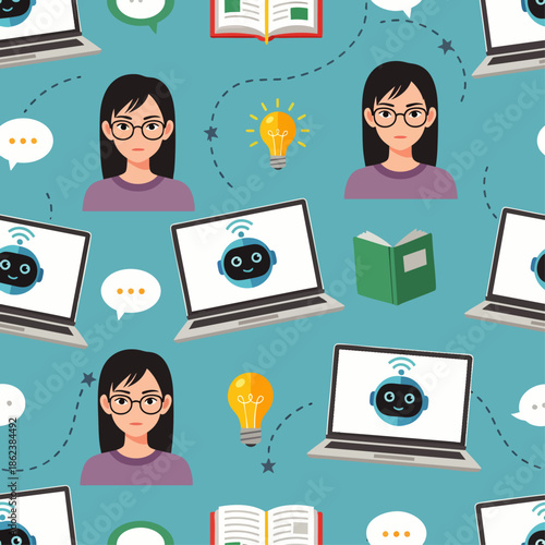 Seamless pattern of a woman interacting with a chatbot on a laptop, symbolizing online learning and technology