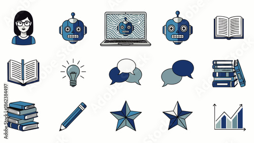 Set of icons representing technology, education, communication, and business concepts with a modern, clean design.