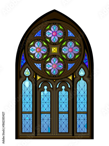 Beautiful stained glass gothic window with Celtic ornamentation. Fantasy drawing of window from Church of Our Lady of the Carmelites in Pont-Abbe. Medieval French architecture. Hand drawn vector.