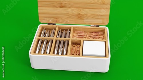 Stylish White Box with Wooden Lid and Organized Compartments on Green Background.