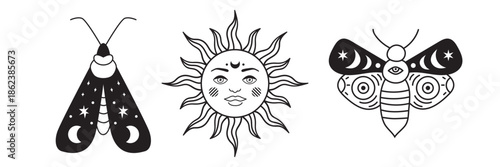 Celestial sun face and mystic moth illustration set. Vintage vector graphic featuring boho line art, magical symbols, and witchy astrology elements.