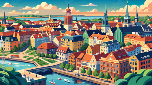 Very beautiful aerial panoramic view of Copenhagen in summer, Denmark, revealing a harmonious blend of historic architecture, modern city planning, waterways, and vibrant Scandinavian lifestyle.