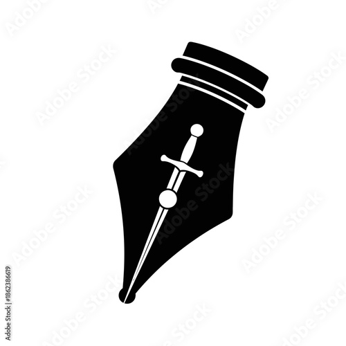 The pen is mightier than the sword concept logo, combining a fountain pen nib and a medieval sword.