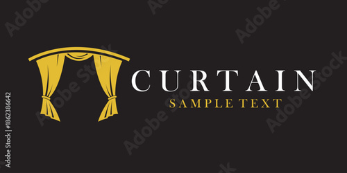 golden icon of theatrical scene with curtains isolated on black background
