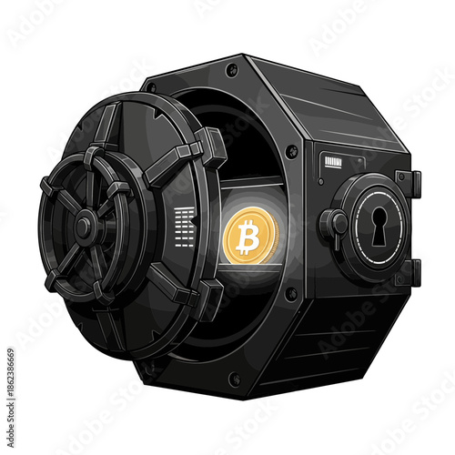 A futuristic black vault safe storing a glowing golden Bitcoin cryptocurrency coin.