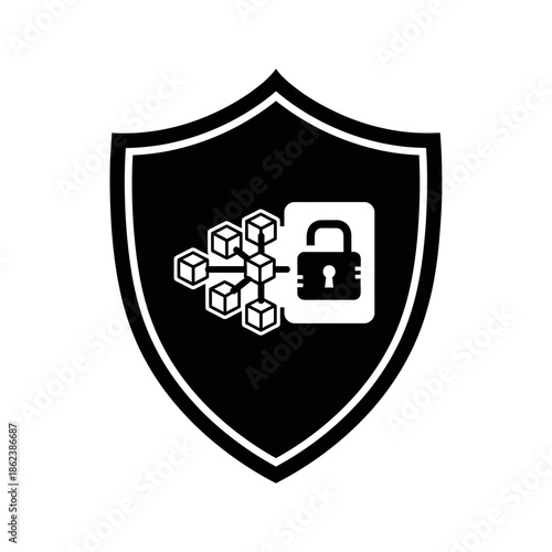 Blockchain Security Shield Icon with Padlock and Network Blocks