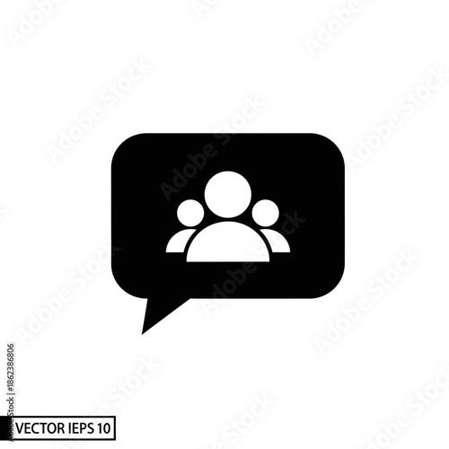 Black speech bubble icon with three user silhouettes, symbolizing group conversation.