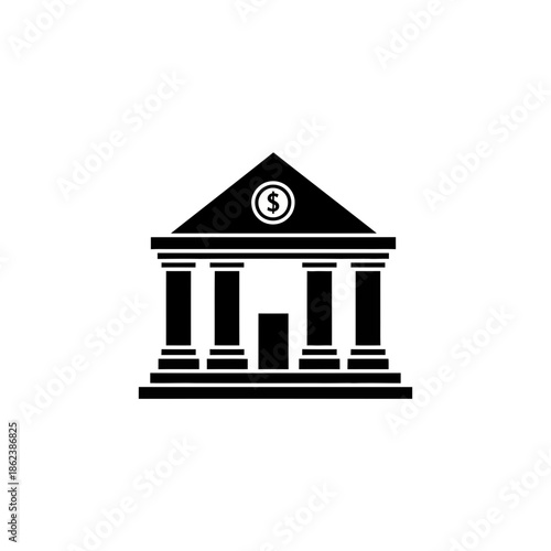 Financial Institution Bank Building Icon with Columns and Dollar Sign in Black Silhouette.