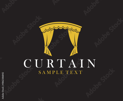 golden icon of theatrical scene with curtains isolated on black background
