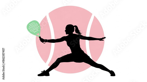 Female Player Swinging Racket Against a Pink Background, Sports Illustration, Energetic Atmosphere