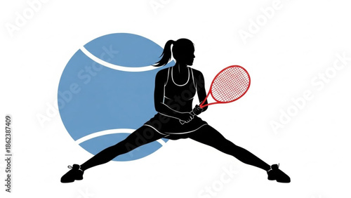 Tennis Action, Player Swinging Racket, Court, Illustration, Athletic Environment, Side View, Sport and Motion Concept