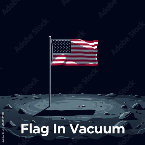 American flag waving in vacuum on lunar surface with rocky terrain, vector  