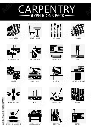 Carpentry and wood working glyph icons pack. contain bench, table, groove join, dowel, hinge, jack plane, circular saw, jig saw and more. Vector for print, digital UI, UX kit, web and app development.