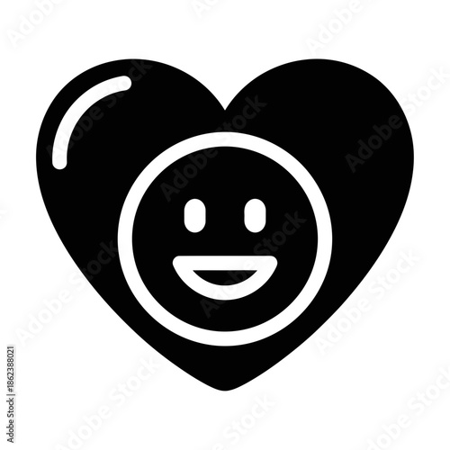 Black Glyph Icon of Happy Face Emoji Inside a Heart Shape