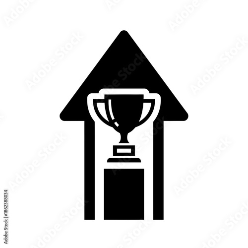 Black and white icon of a trophy under an upward arrow, representing success, achievement, progress, and victory.