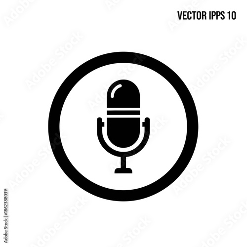 Black retro microphone icon in a circle, representing recording, podcasting, voice messaging, or broadcast symbol.
