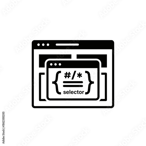 Web Development Programming Icon with CSS Selector Code and Browser Interface.