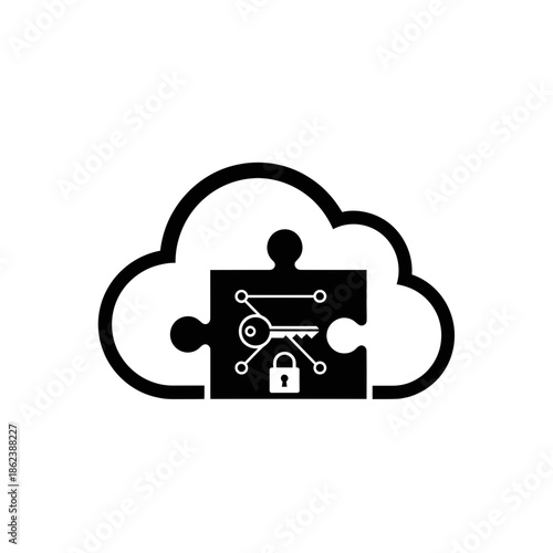 Cloud Security Integration Icon with Key, Lock, and Puzzle Piece Symbolizing Digital Data Protection and Access Control.