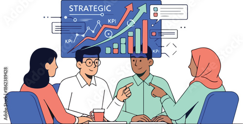 Diverse people interact with digital devices in a modern meeting setting topdown view