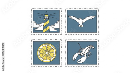 postage stamps featuring a lighthouse, a seagull, a sliced lemon, and a lobster