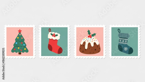 Christmas postage stamps featuring a decorated tree, stocking, plum pudding, and another stocking
