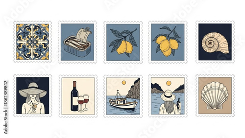Collection of Mediterranean Coastal Travel Stamps Featuring vintage-style illustrations of summer vacation elements like food, drinks, and picturesque seaside views