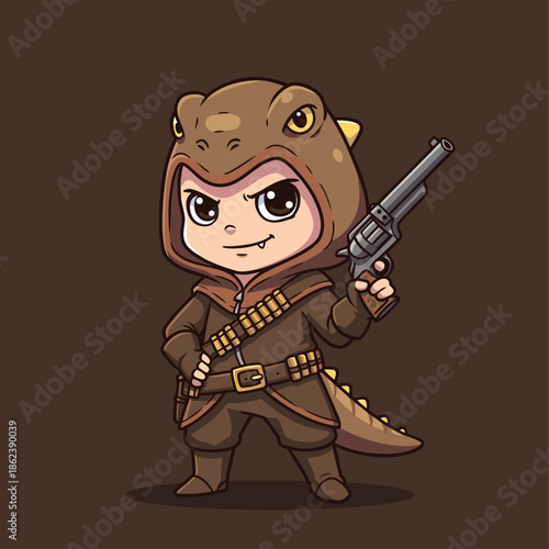 Cute Dinosaur Hunter with Revolver.