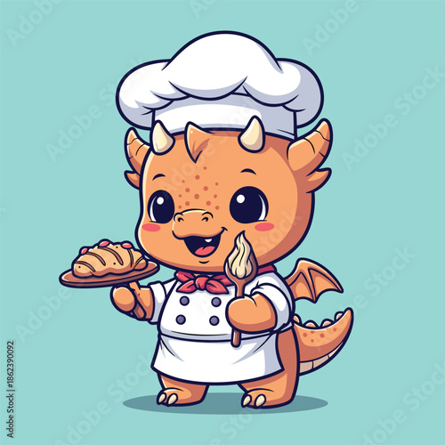 Cute Dragon Chef Holding Bread and Pastry Tool.