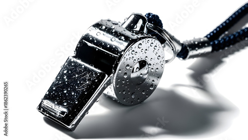 Sports whistle with sweat droplets, symbolizing competition, authority, and intense athletic environments. Isolated on White background
