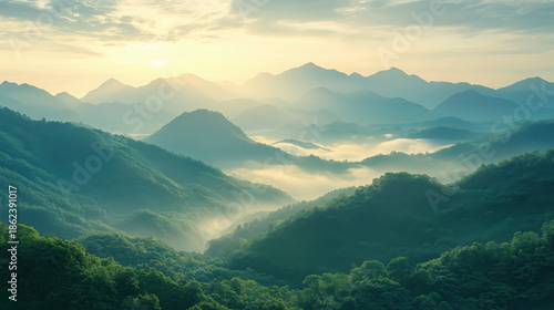 Asian mountain landscape at early year sunrise, soft golden morning light, misty valley, winter atmosphere without snow, pastel sky